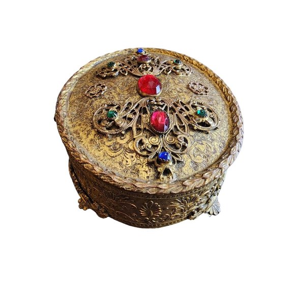 Antique Footed Gilt Bronze Jeweled Velvet Lined Trinket Box (A1717) - Picture 6 of 8